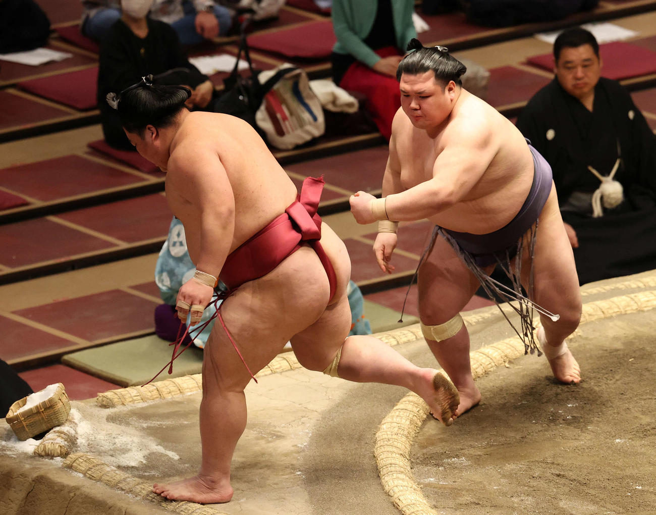 阿武咲（右）に突き落とされる大栄翔（撮影・河野匠）