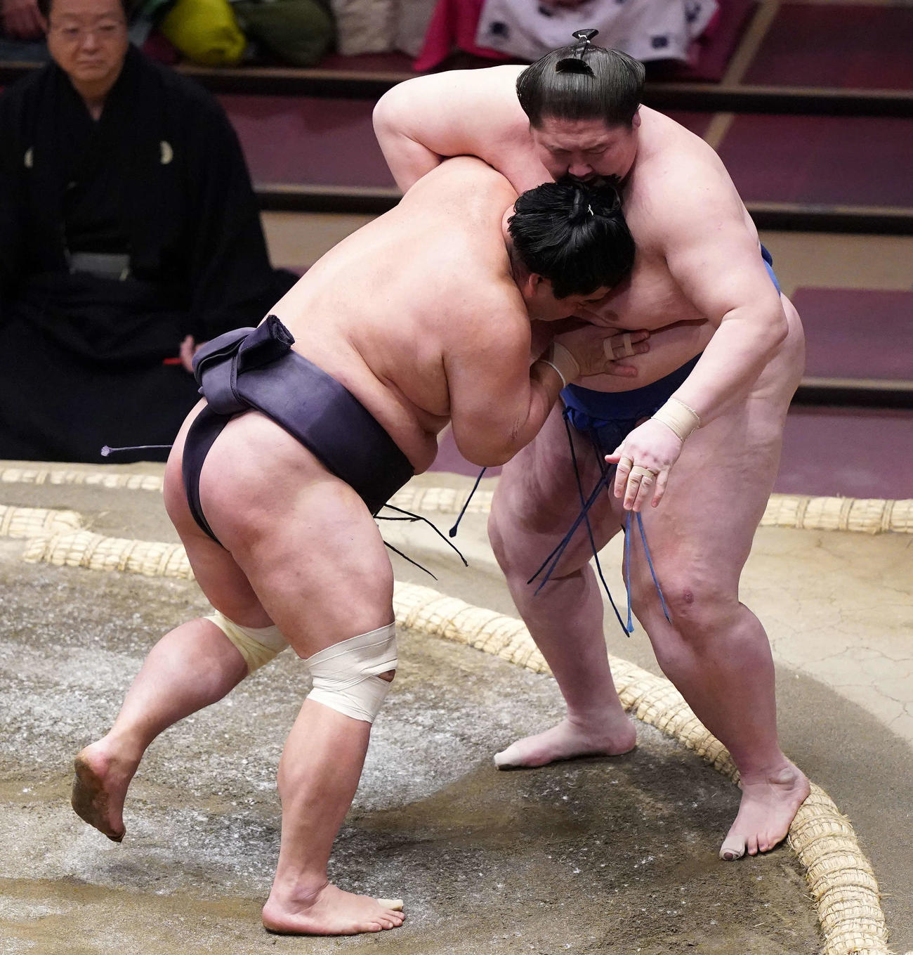 志逸ノ城（右）を寄り切りで破る妙義龍（撮影・江口和貴）