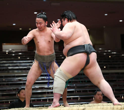 高野（右）に押し出しで敗れる勝南桜（撮影・河田真司）