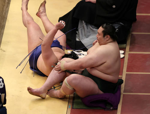 貴源治に寄り切りで敗れ白鷹山（右）の上に落ちる美ノ海（撮影・鈴木正人）