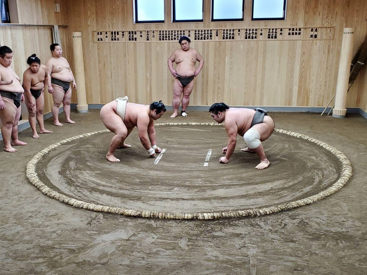 東京都葛飾区奥戸の新拠点で稽古を行う九重部屋の力士（日本相撲協会提供）