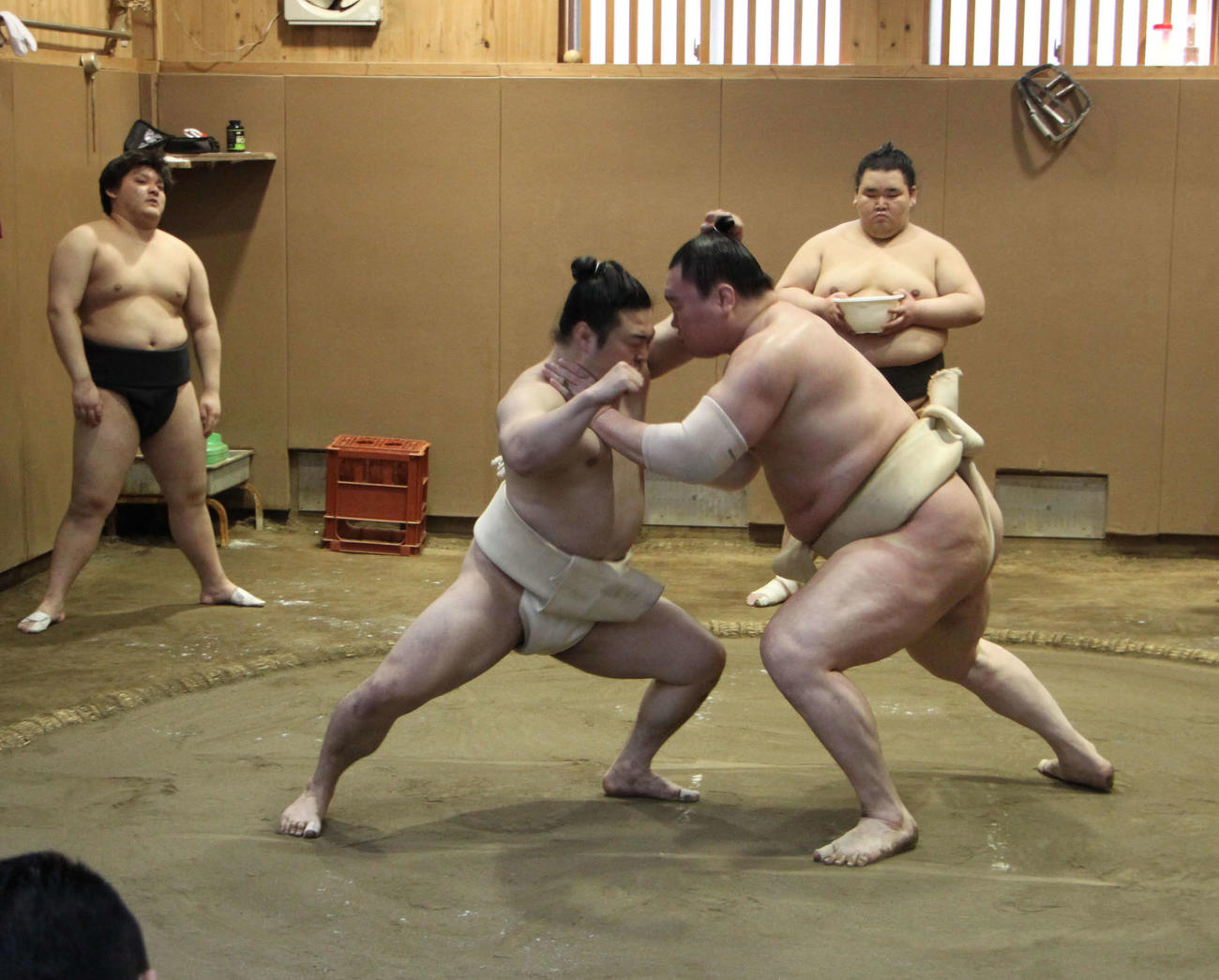 炎鵬（左）相手に立ち合いの確認をする白鵬
