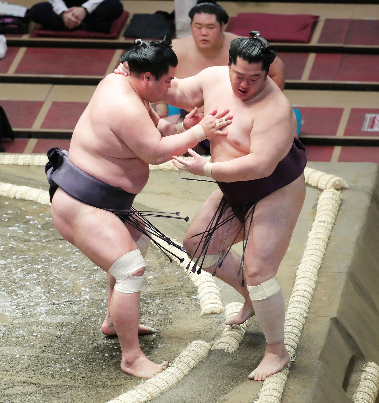 遠藤（右）を押し出しで破る妙義龍（撮影・河田真司）