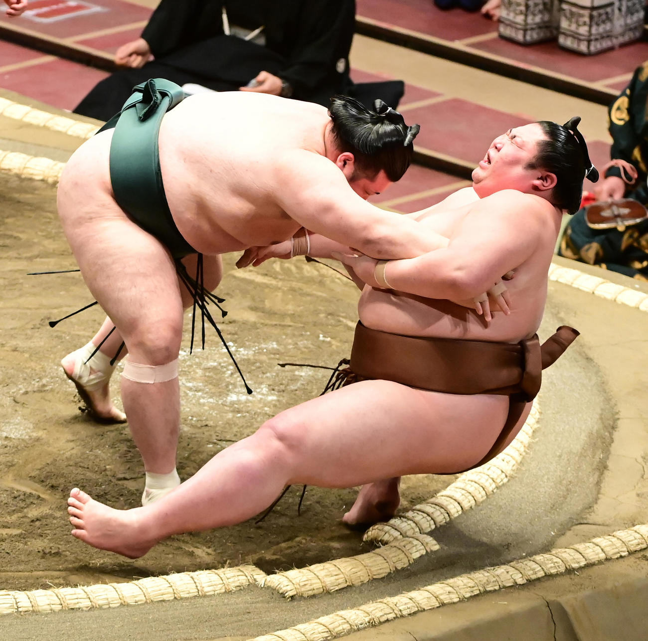 豊山（左）は寄り倒しで剣翔を破る（撮影・小沢裕）