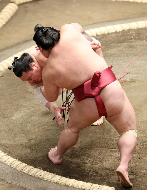 大栄翔（手前）を寄り倒しで破る白鵬（撮影・鈴木正人）