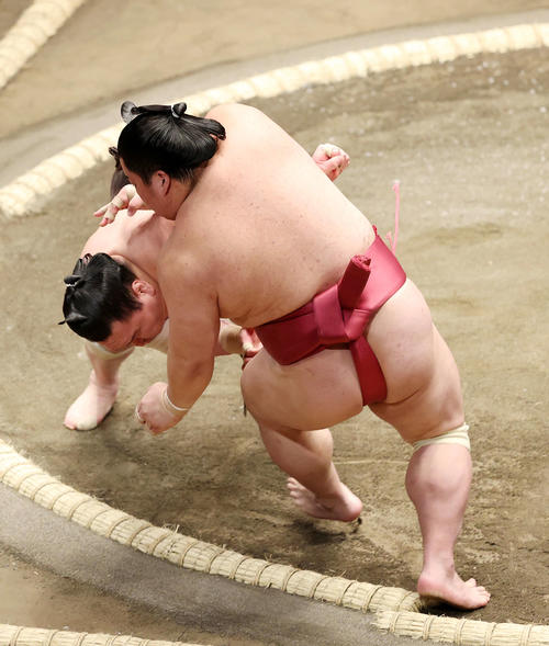 大栄翔（手前）を寄り倒しで破る白鵬（撮影・鈴木正人）