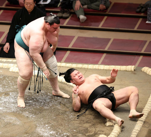 照強（右）を小手投げで破った碧山（撮影・鈴木正人）