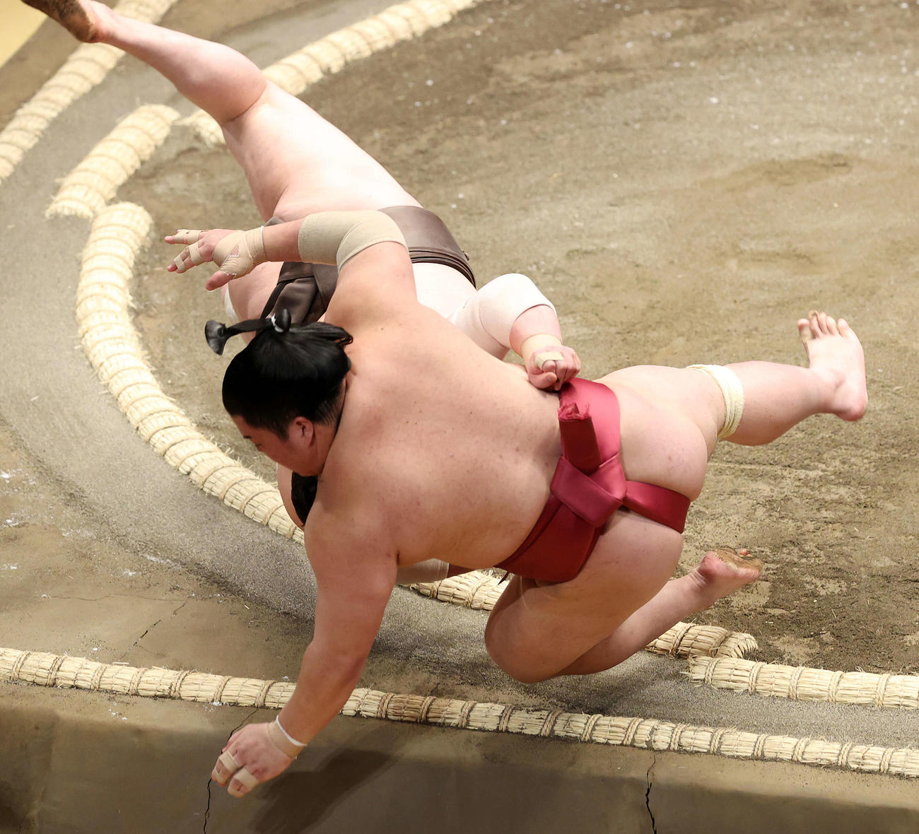 大栄翔（手前）を寄り倒しで破る白鵬（撮影・鈴木正人）