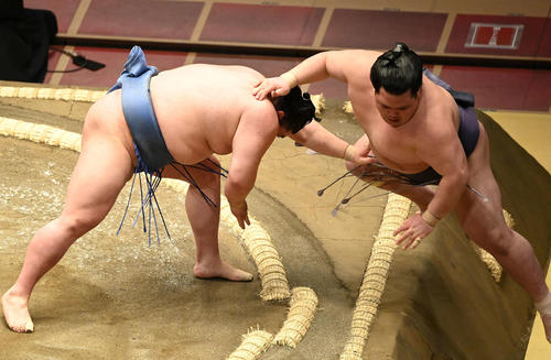 阿武咲（右）を押し出しで破る正代（撮影・鈴木みどり）
