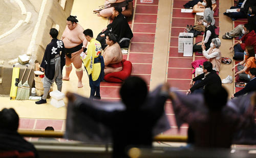 大栄翔に勝利した貴景勝に声援を送る子どもたち（撮影・鈴木みどり）