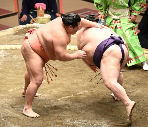 明瀬山（右）を突き落としで破る千代大龍（撮影・鈴木みどり）