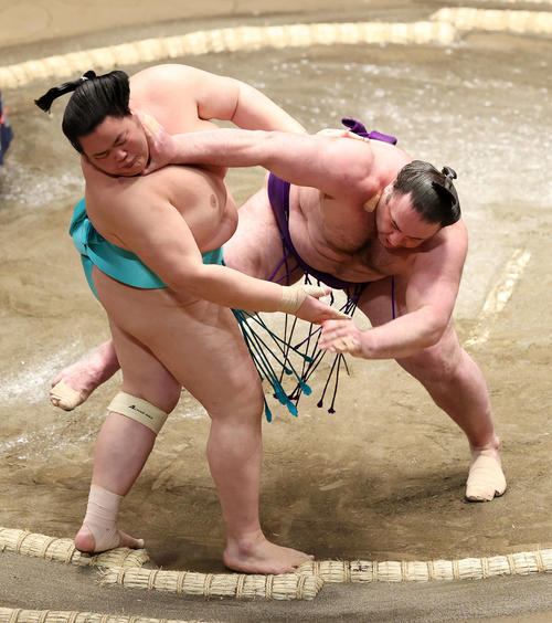 琴ノ若（左）を押し出しで破る栃ノ心（撮影・鈴木正人）