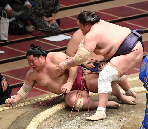 大栄翔（左）を寄り倒しで破る照ノ富士（撮影・鈴木みどり）