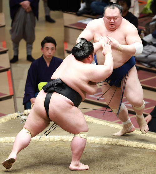 宝富士（右）を押し出しで破る貴景勝（撮影・中島郁夫）