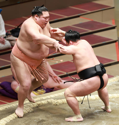 千代大龍（左）を押し出しで破る照強（撮影・中島郁夫）