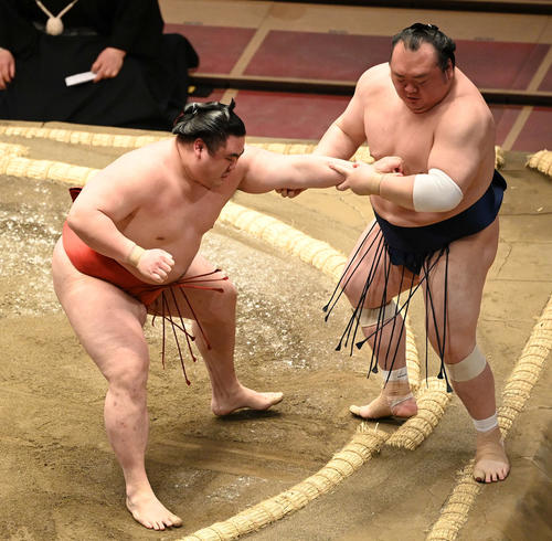 宝富士（右）を押し出しで破る隆の勝（撮影・鈴木みどり）
