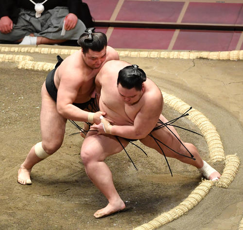 朝乃山（右）は霧馬山に送り出しで敗れる（撮影・柴田隆二）
