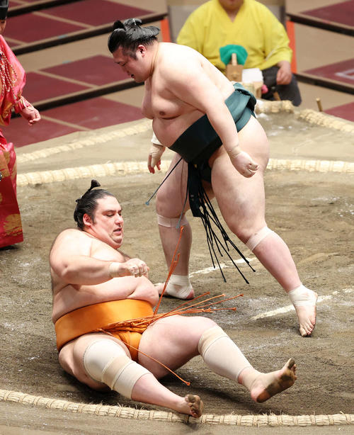 魁聖（下）を下手投げで破る豊山（撮影・鈴木正人）
