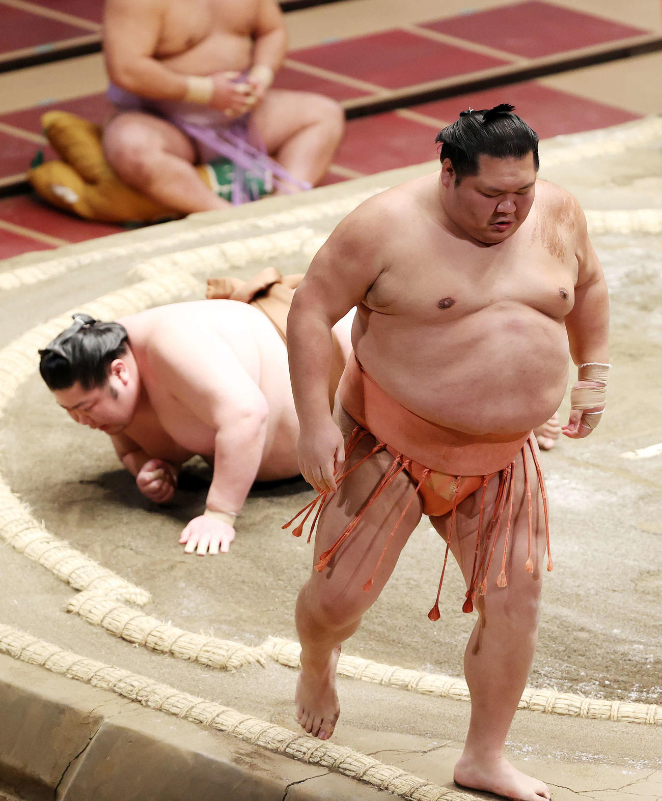 剣翔（後方）をはたき込みで破った千代大龍（撮影・鈴木正人）