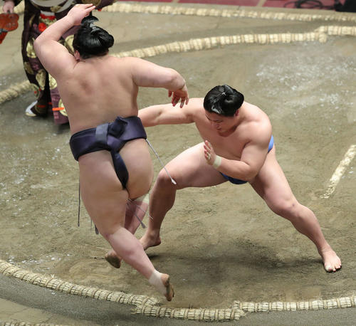 阿武咲（左）を押し出しで破る若隆景（撮影・河田真司）