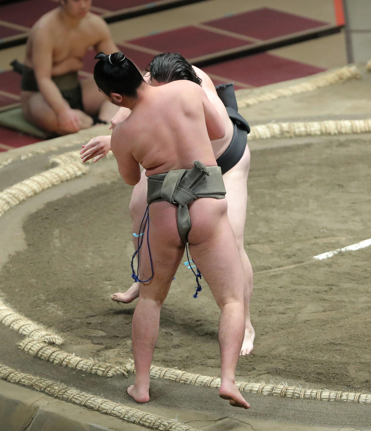 肥後光（奥）に押し出しで敗れる勝南桜（撮影・河田真司）