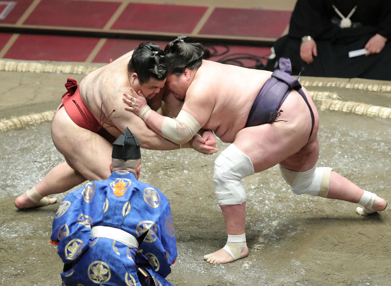 激しく立ち合う高安（左）と照ノ富士（撮影・河田真司）