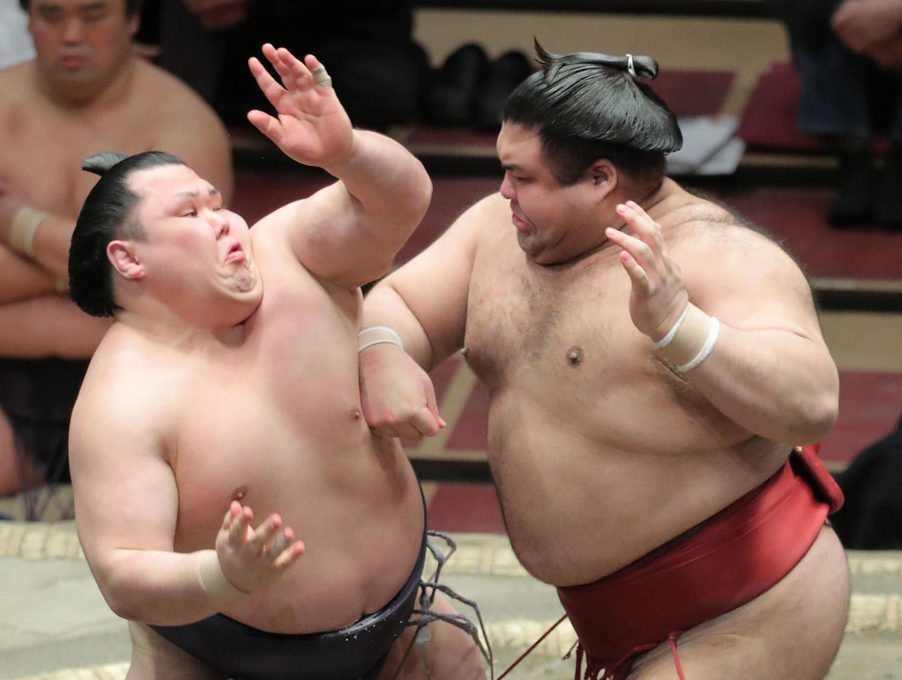 阿武咲（左）を攻める高安（撮影・河田真司）