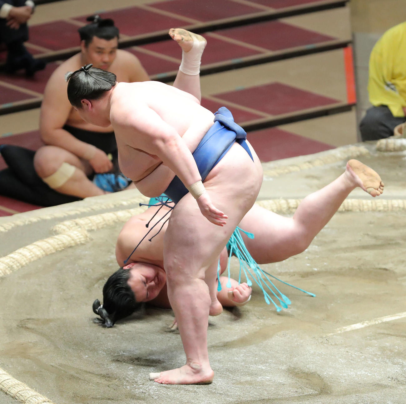 琴ノ若（奥）をはたき込みで破る逸ノ城（撮影・河田真司）