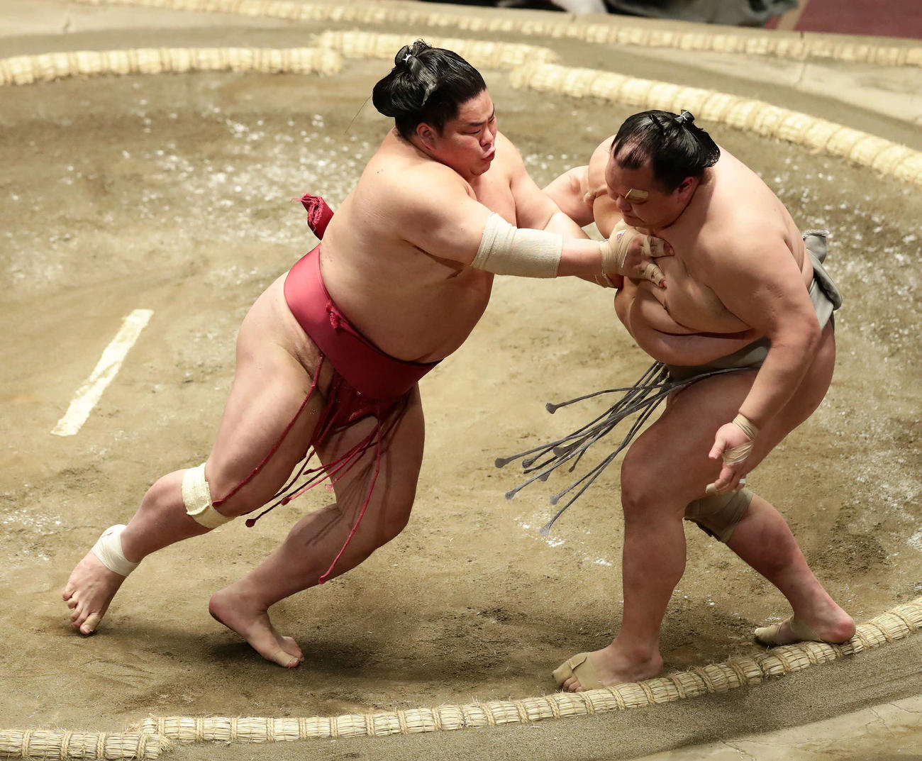 北勝富士（右）を押し出しで破った大栄翔（撮影・丹羽敏通）