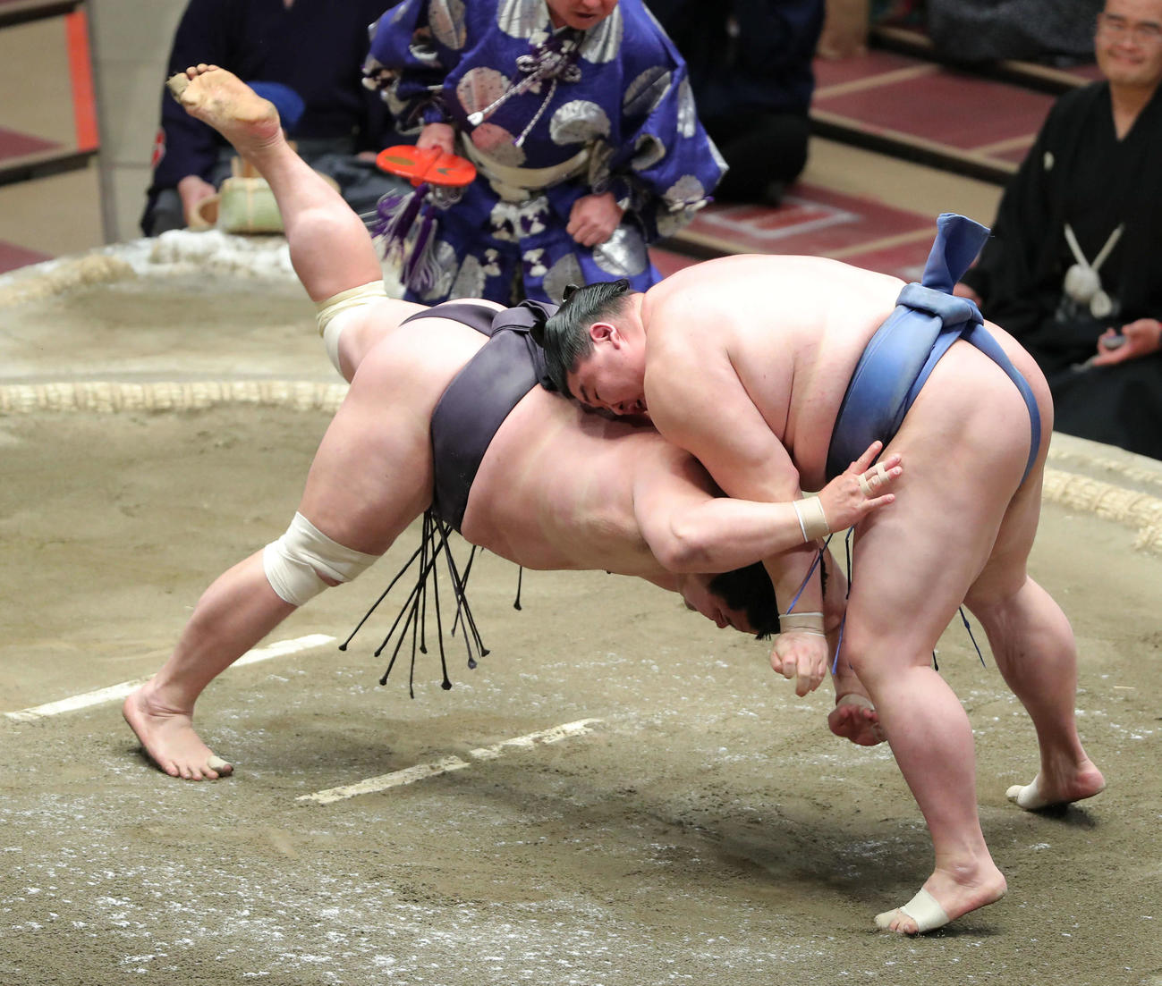 妙義龍（左）を肩すかしで破る正代（撮影・河田真司）