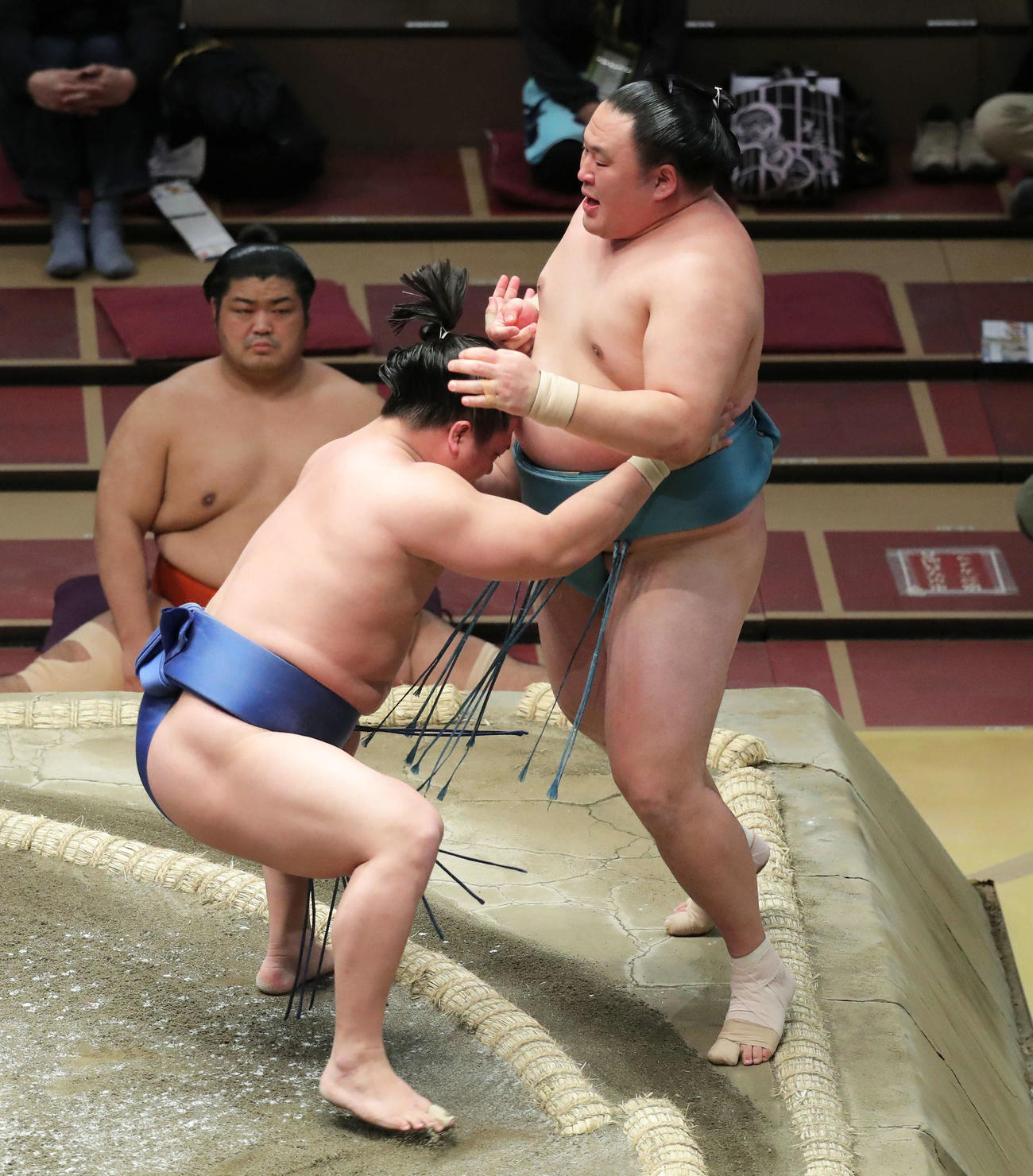 玉鷲（右）を押し出しで破る若隆景（撮影・河田真司）