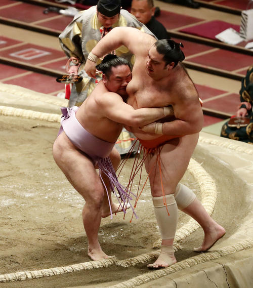 魁聖（右）を寄り切りで破った琴恵光（撮影・丹羽敏通）