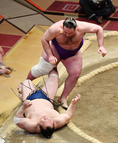 栃ノ心（上）は宝富士を下手投げで破る（撮影・柴田隆二）