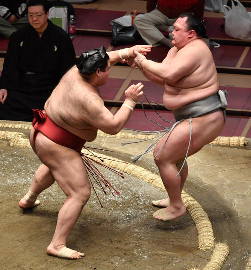 高安（左）は北勝富士を押し出しで破る（撮影・柴田隆二）