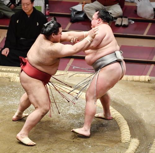 高安（左）は北勝富士を押し出しで破る（撮影・柴田隆二）