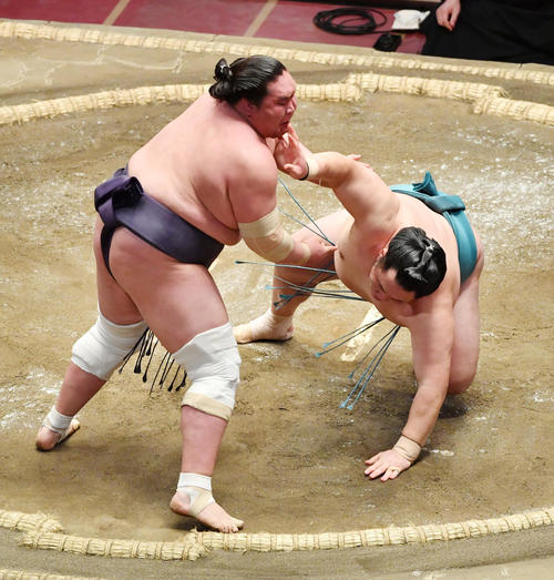 照ノ富士(左)は玉鷲を突き落としで破る（撮影・柴田隆二）