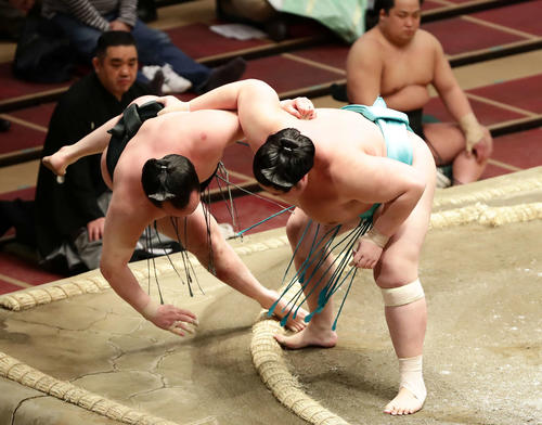 千代翔馬（左）を上手投げで破った琴ノ若（撮影・丹羽敏通）