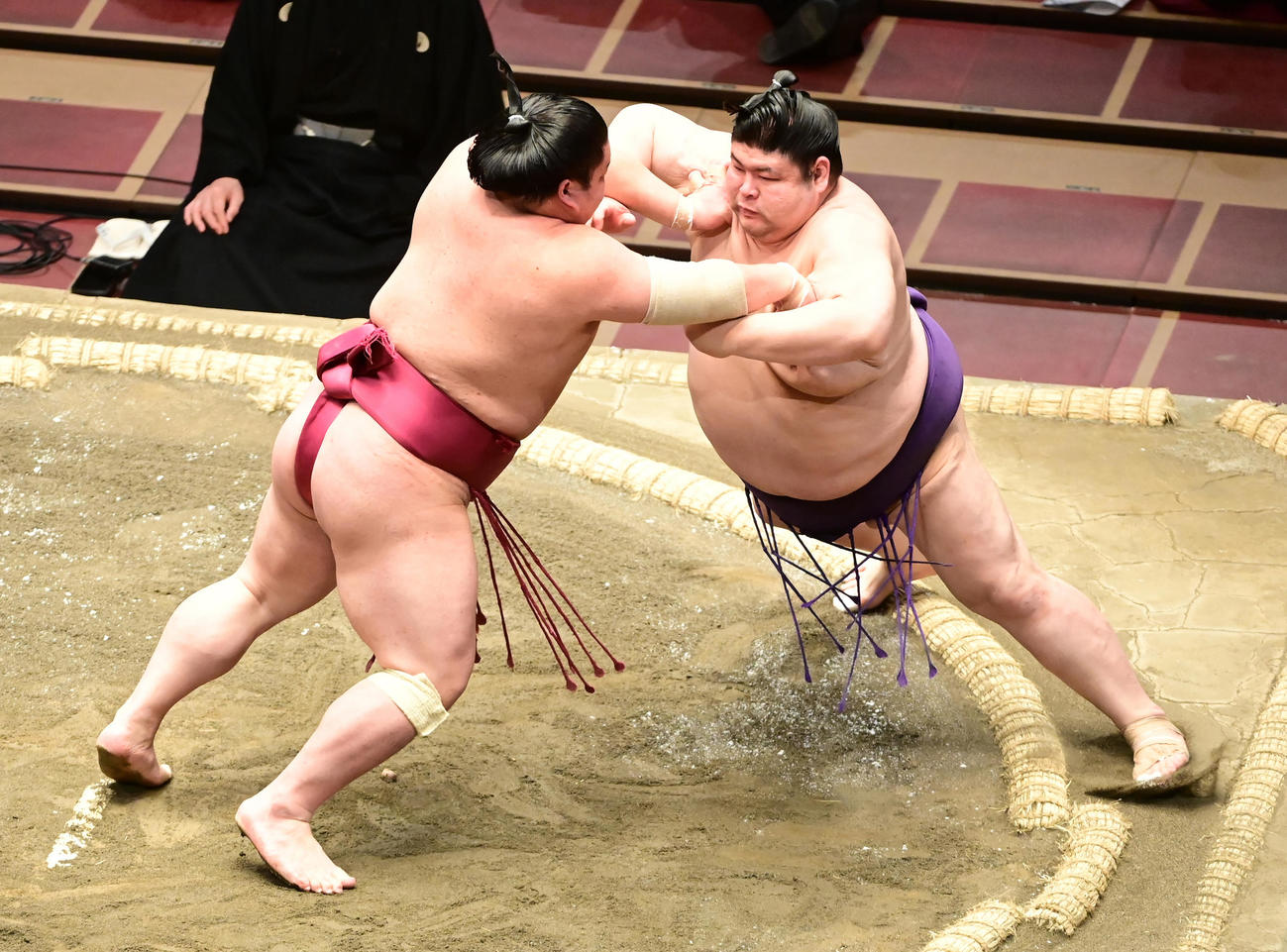 大栄翔（左）は明瀬山を突き出しで破る（撮影・小沢裕）