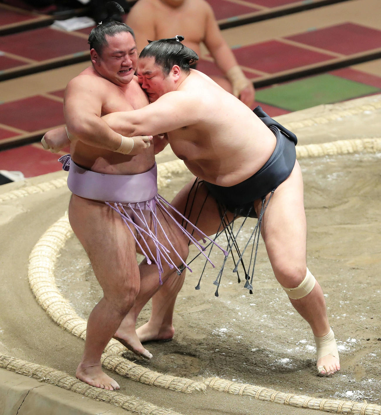 琴恵光（左）を寄り切りで破る輝（撮影・河田真司）