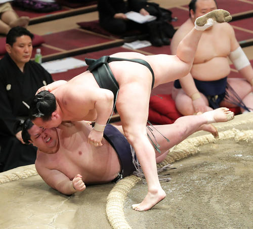 阿武咲（下）を上手投げで破る千代翔馬（撮影・河田真司）