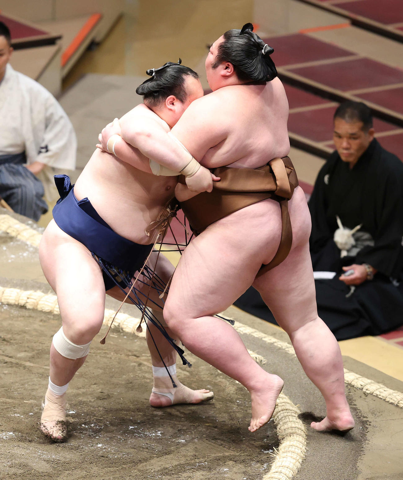 剣翔（右）を寄り切りで破る宝富士（撮影・鈴木正人）