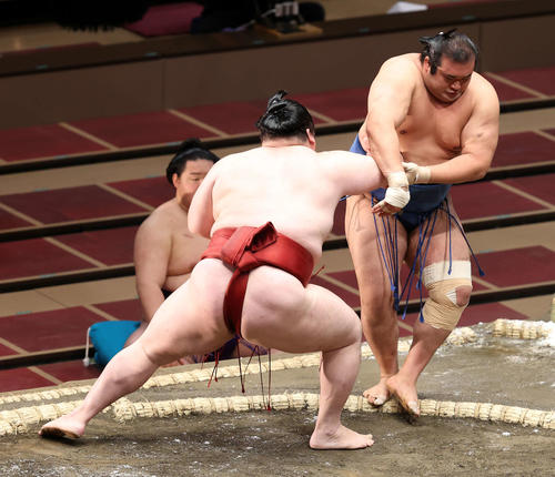 千代の国(右)を押し出しで破る隆の勝(撮影・鈴木正人)