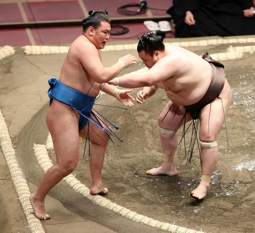 豊昇龍(左)を押し出しで破る英乃海(撮影・鈴木正人)