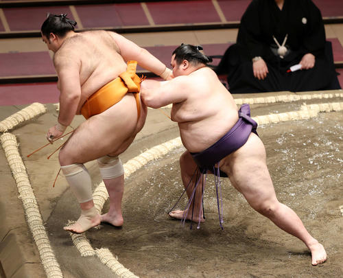 魁聖(左)を送り出しで破る大奄美(撮影・鈴木正人)