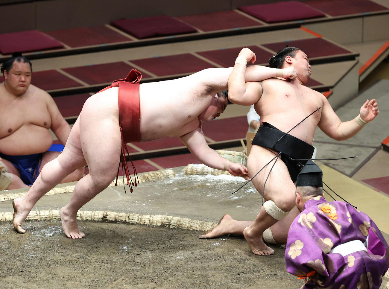 霧馬山（右）を押し倒しで破る隆の勝（撮影・河田真司）