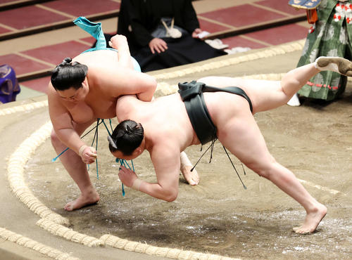 千代翔馬（右）を小手投げで破る琴ノ若（撮影・鈴木正人）