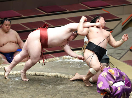 霧馬山（右）を押し倒しで破る隆の勝（撮影・河田真司）