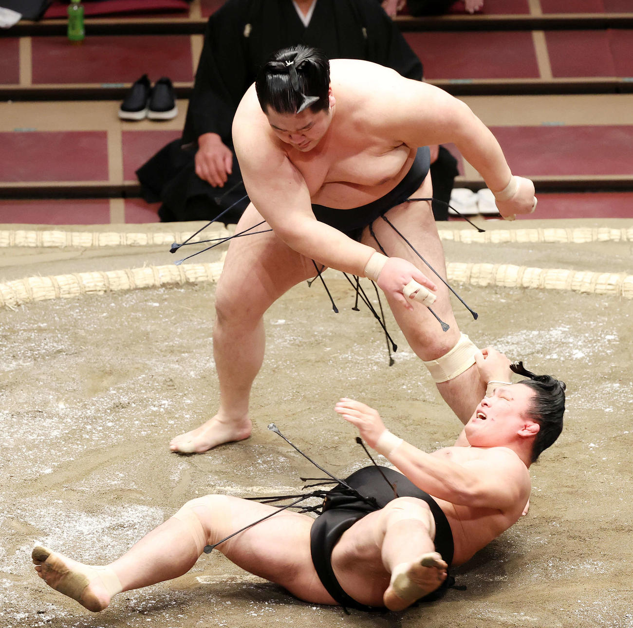 照強（下）を突き落としで破る輝（撮影・鈴木正人）