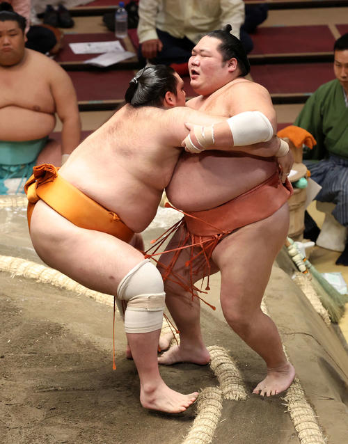 千代大龍（右）を寄り切りで破る魁聖（撮影・鈴木正人）