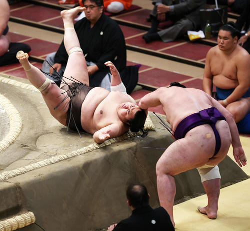 栃ノ心（右）を寄り切りで破る英乃海（撮影・河田真司）
